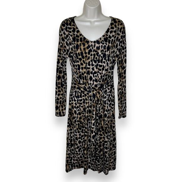 Reborn J Animal Print Front Tie Long Sleeve Scoop V Neck Dress Women Size Small - Picture 1 of 11